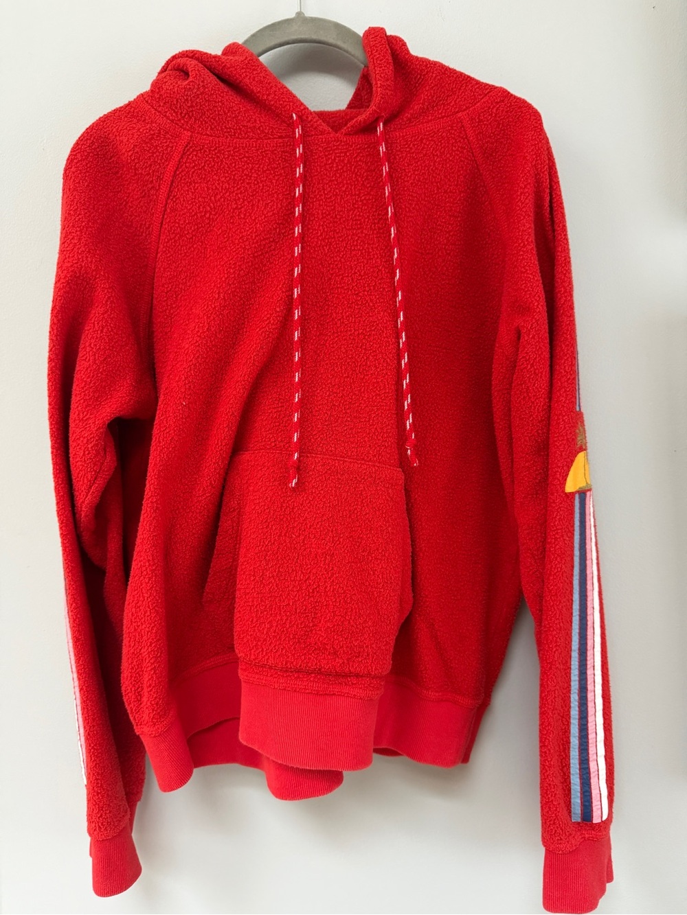 Faherty Red Hooded Fleece Sweatshirt with Striped Sleeve  Detail